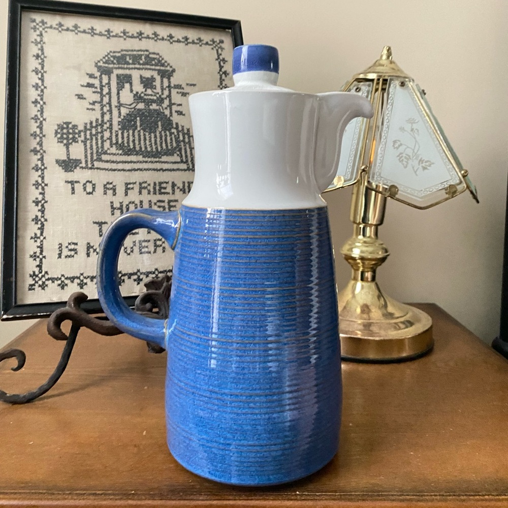 Denby Langley Chatsworth Vintage British Blue and White Tall Coffee Pot Pitcher